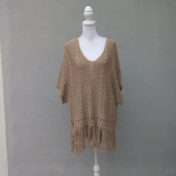 Gragham & Spencer Sweater Women's Med Tan Beige Fringe Pullover Bohemian - Picture 8 of 9